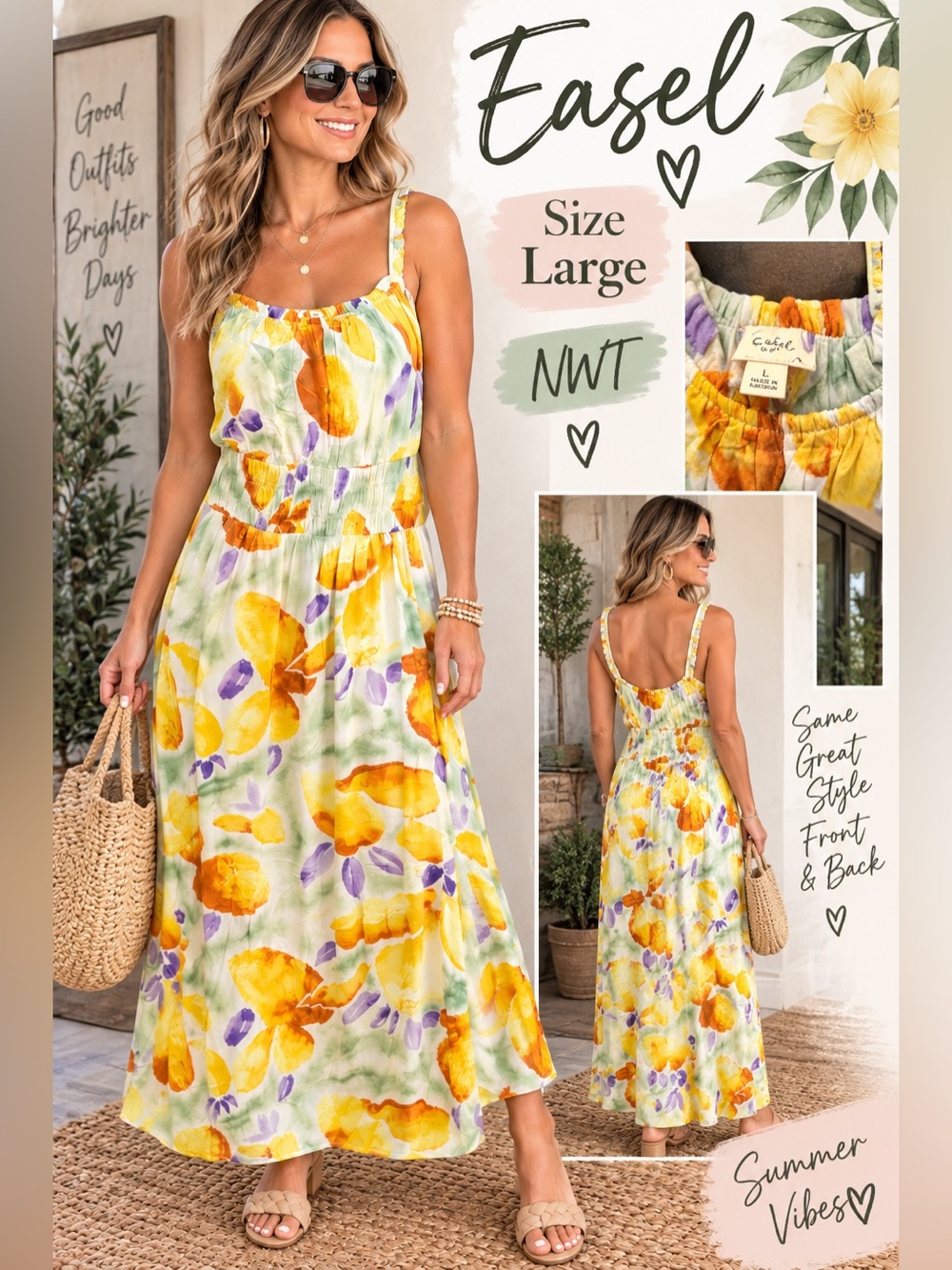 easel Yellow Floral & Lavender Accent Maxi Dress